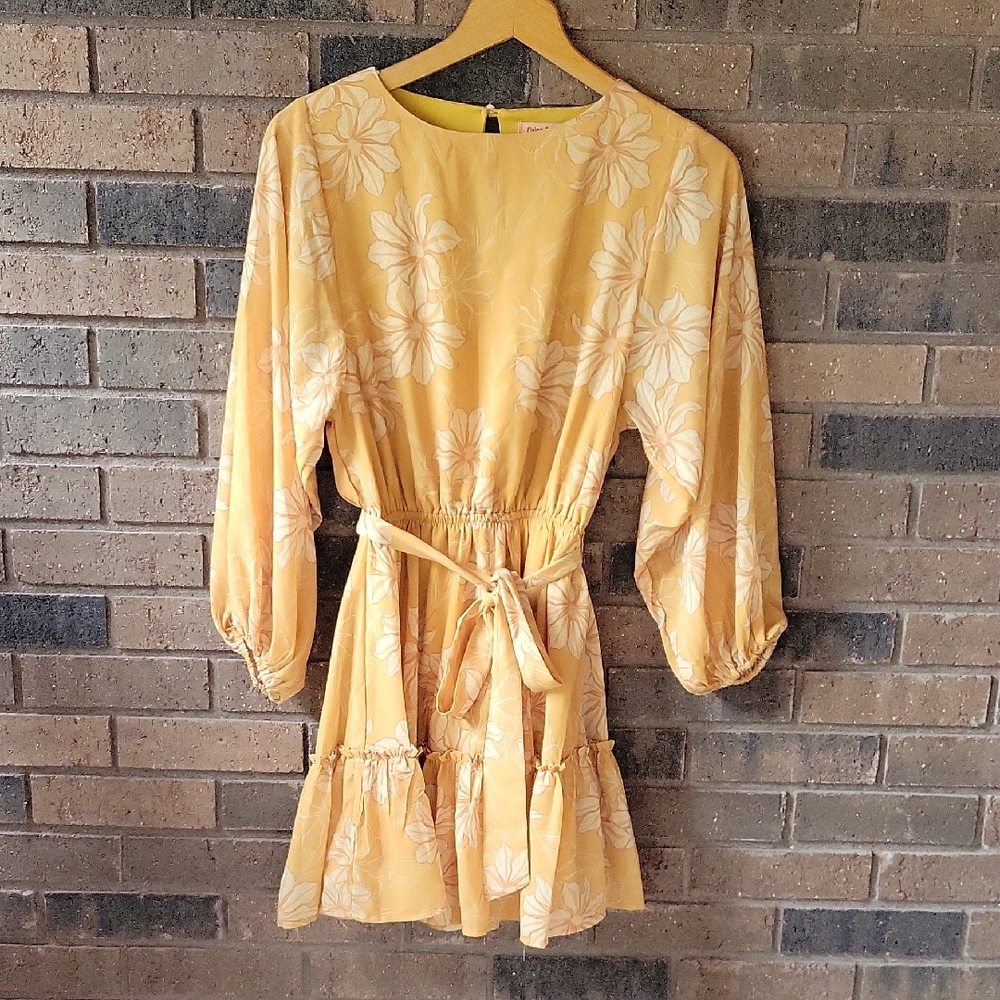 Flying Tomato floral, flouncy, dress, mustard, size XS